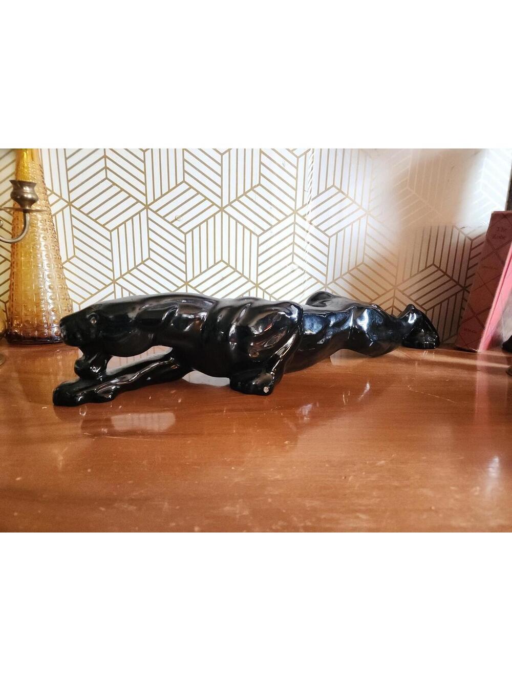 Vintage Royal Haeger Black Gloss Panther Statue #315 - MCM - Orange Eye 24"